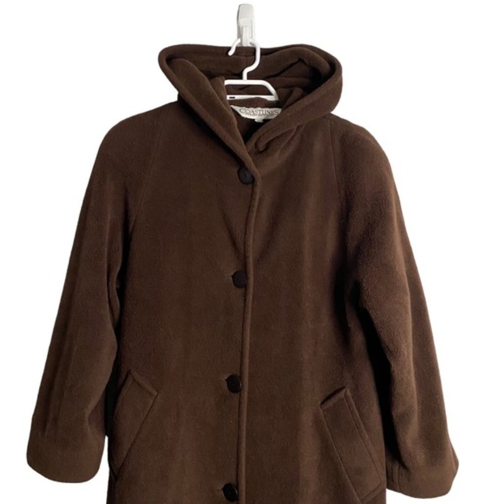 Coastlines Women's Brown Winter Plush Button Hooded Overcoat View 2